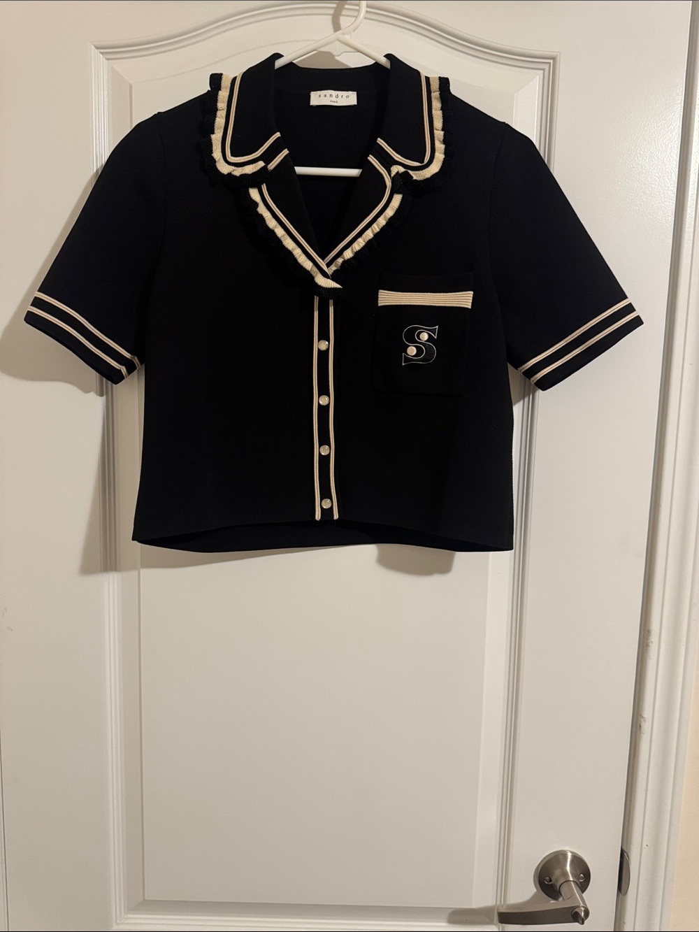 Sandro Trimmed Short Sleeve Blouse in Black Size 0.New without tags